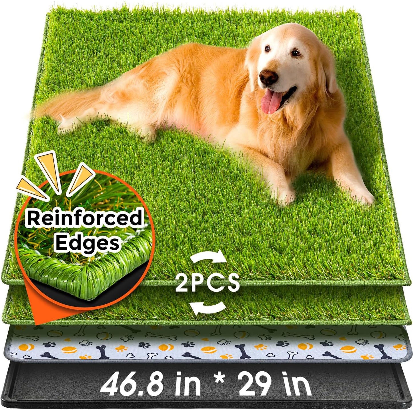 Dog Grass Pad with Tray Large, 41"x27", 2 Reusable Artificial Turf for Dogs Potty, Waterproof Non-Slip Washable Pee Pads, Quickly Absorbency Portable Dog Litter Box for Indoor/Outdoor Use