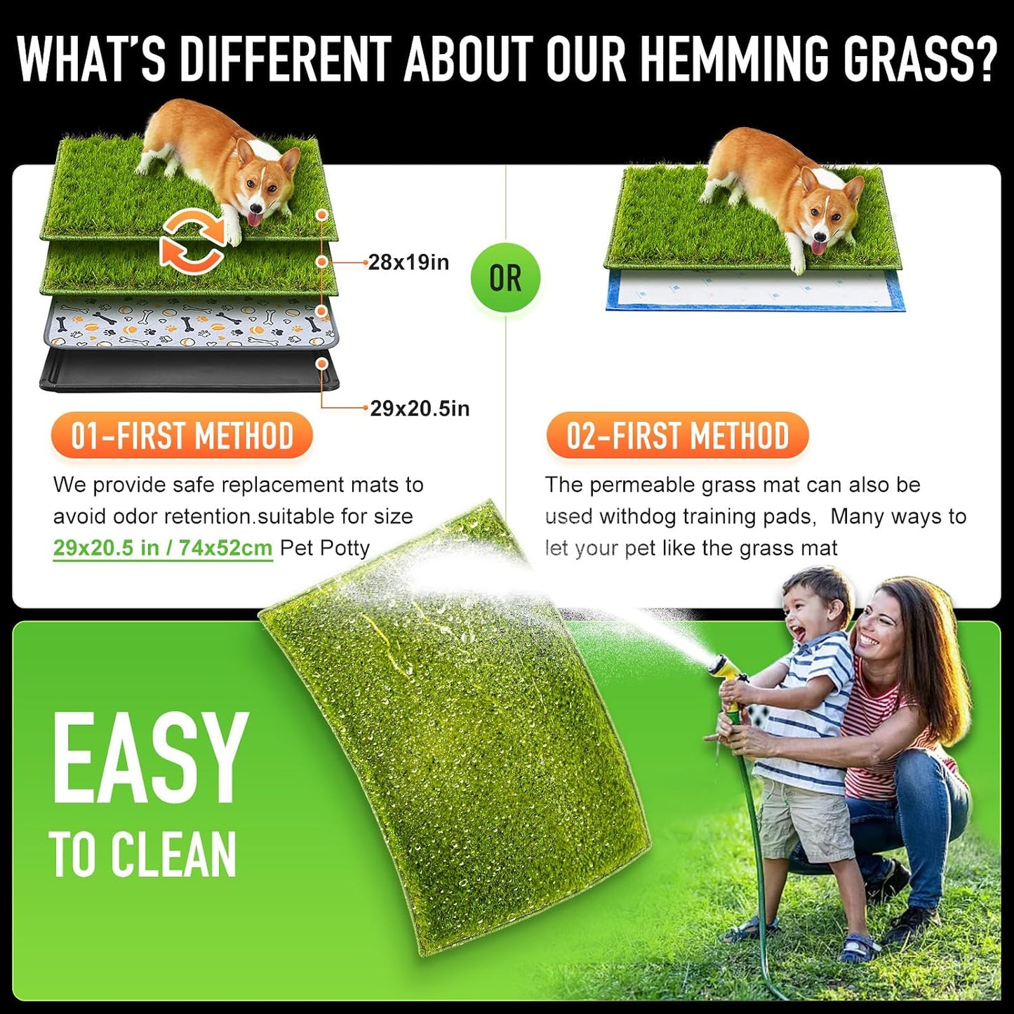Dog Grass Pad with Tray Large, 41"x27", 2 Reusable Artificial Turf for Dogs Potty, Waterproof Non-Slip Washable Pee Pads, Quickly Absorbency Portable Dog Litter Box for Indoor/Outdoor Use
