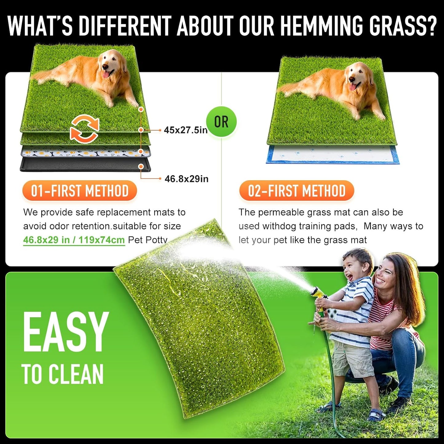 Dog Grass Pad with Tray Large, 41"x27", 2 Reusable Artificial Turf for Dogs Potty, Waterproof Non-Slip Washable Pee Pads, Quickly Absorbency Portable Dog Litter Box for Indoor/Outdoor Use
