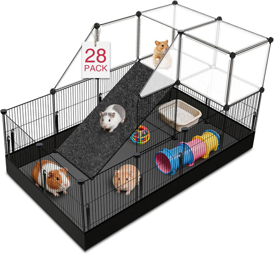 32 Panels Small Animal Playpen, 48" x 32" x 24" Transparent Playpen with Waterproof Mat,Plastic Enclosure,Puppy Play Pen for Chicken,Pet Fence for Guinea Pigs,Bunny,Ferrets,Hamsters,Hedgehogs Indoor