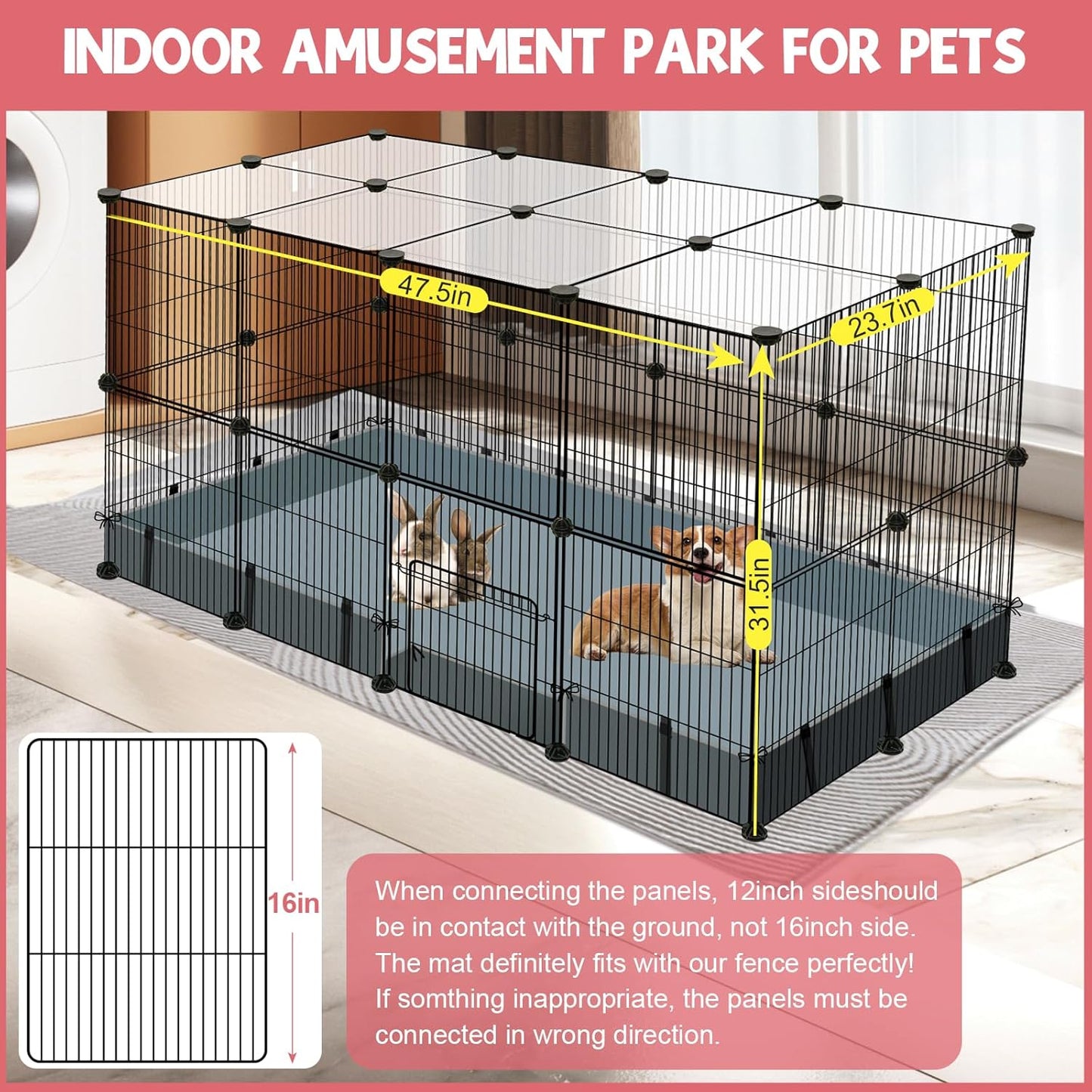 32 Panels Small Animal Playpen, 48" x 32" x 24" Transparent Playpen with Waterproof Mat,Plastic Enclosure,Puppy Play Pen for Chicken,Pet Fence for Guinea Pigs,Bunny,Ferrets,Hamsters,Hedgehogs Indoor