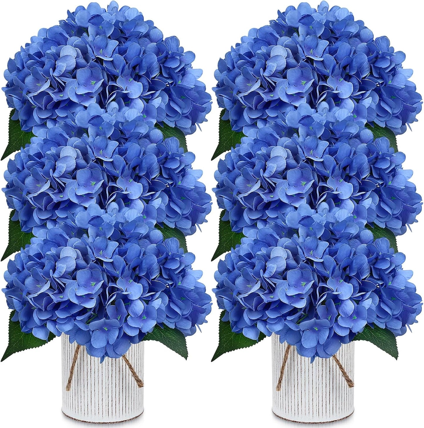 Set of 6 Faux Flower Table Centerpieces - Blue Artificial Hydrangeas Floral Arrangement with Rustic Metal Vase for Anniversary Wedding Tea Party Event Decorations