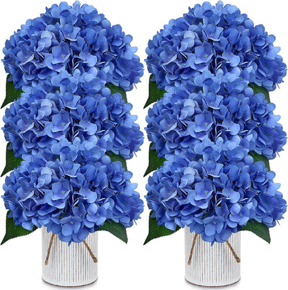 Set of 6 Faux Flower Table Centerpieces - Blue Artificial Hydrangeas Floral Arrangement with Rustic Metal Vase for Anniversary Wedding Tea Party Event Decorations