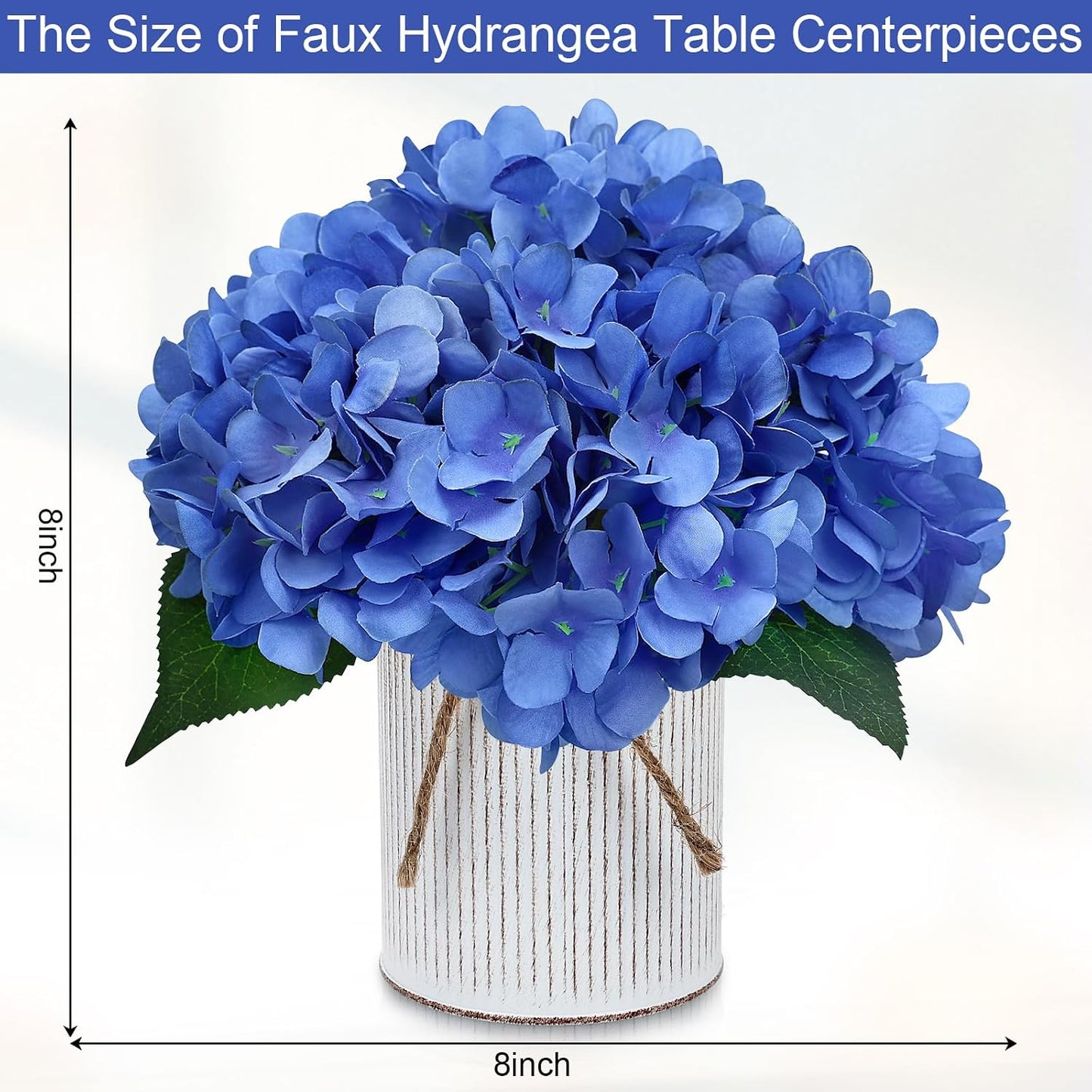 Set of 6 Faux Flower Table Centerpieces - Blue Artificial Hydrangeas Floral Arrangement with Rustic Metal Vase for Anniversary Wedding Tea Party Event Decorations