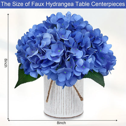 Set of 6 Faux Flower Table Centerpieces - Blue Artificial Hydrangeas Floral Arrangement with Rustic Metal Vase for Anniversary Wedding Tea Party Event Decorations