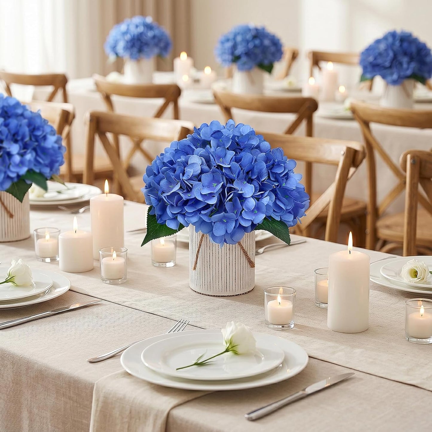 Set of 6 Faux Flower Table Centerpieces - Blue Artificial Hydrangeas Floral Arrangement with Rustic Metal Vase for Anniversary Wedding Tea Party Event Decorations
