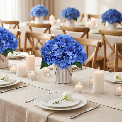 Set of 6 Faux Flower Table Centerpieces - Blue Artificial Hydrangeas Floral Arrangement with Rustic Metal Vase for Anniversary Wedding Tea Party Event Decorations