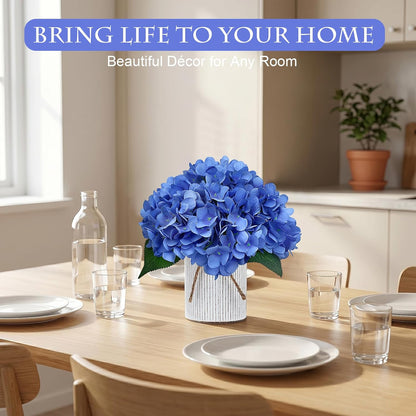 Set of 6 Faux Flower Table Centerpieces - Blue Artificial Hydrangeas Floral Arrangement with Rustic Metal Vase for Anniversary Wedding Tea Party Event Decorations