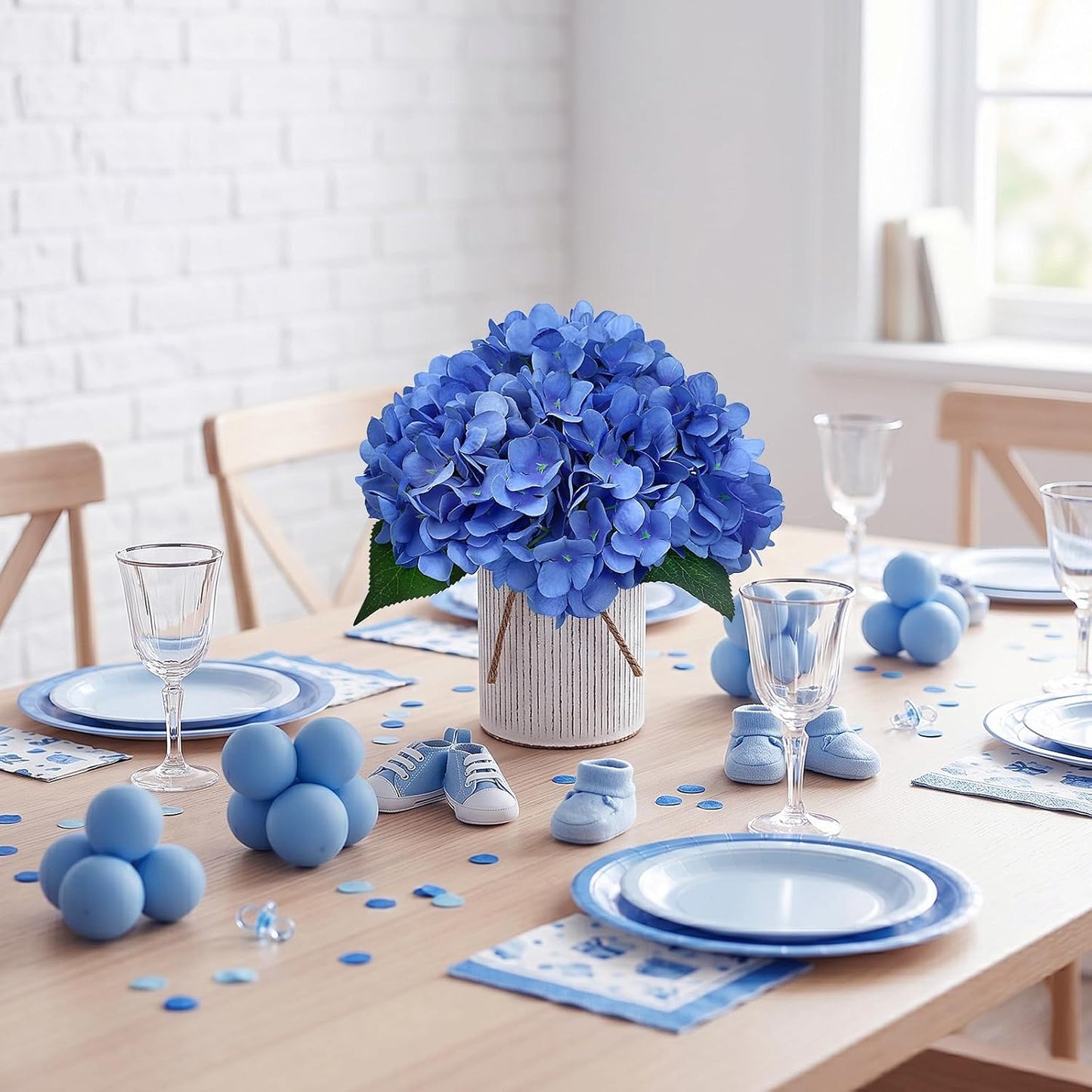 Set of 6 Faux Flower Table Centerpieces - Blue Artificial Hydrangeas Floral Arrangement with Rustic Metal Vase for Anniversary Wedding Tea Party Event Decorations