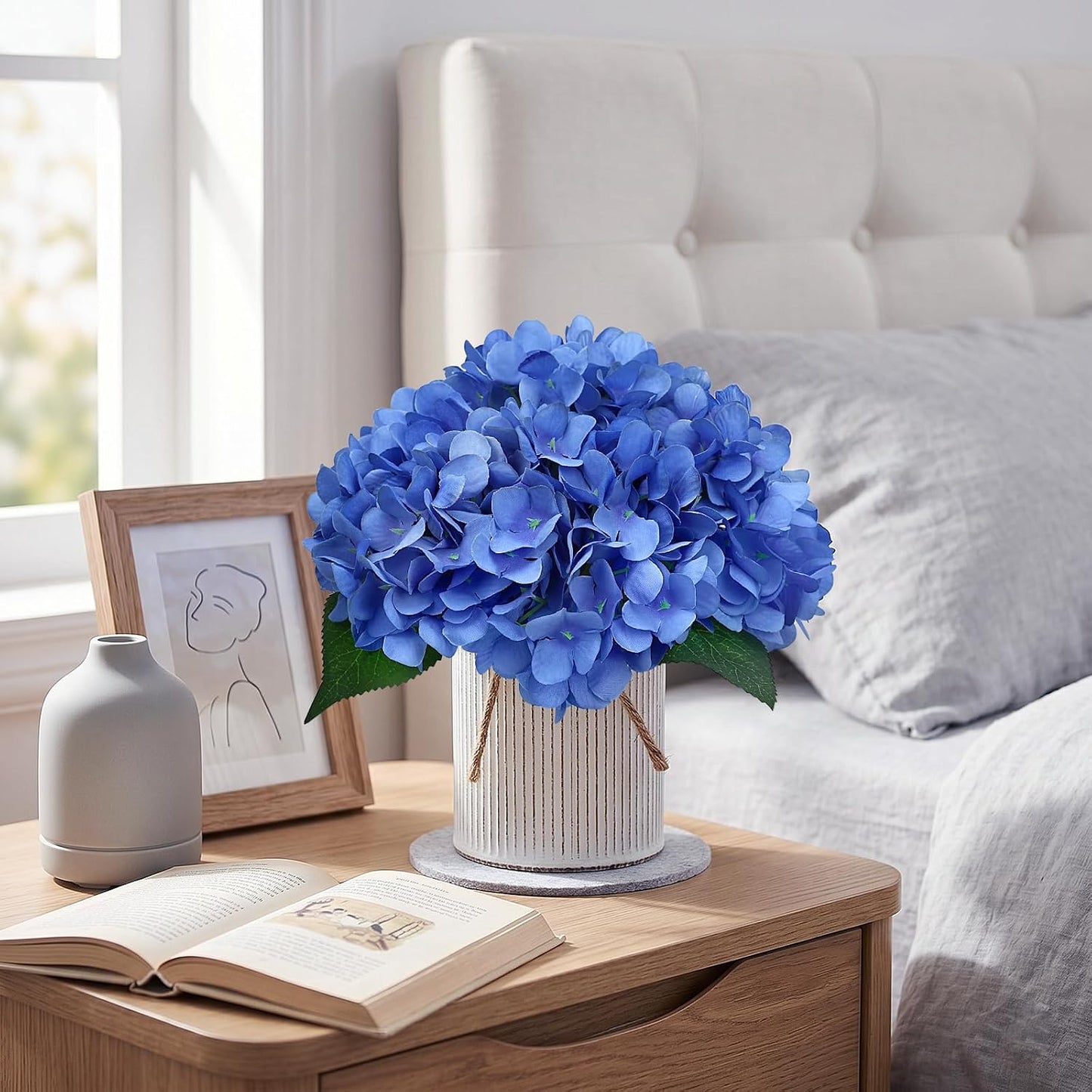 Set of 6 Faux Flower Table Centerpieces - Blue Artificial Hydrangeas Floral Arrangement with Rustic Metal Vase for Anniversary Wedding Tea Party Event Decorations