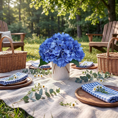 Set of 6 Faux Flower Table Centerpieces - Blue Artificial Hydrangeas Floral Arrangement with Rustic Metal Vase for Anniversary Wedding Tea Party Event Decorations