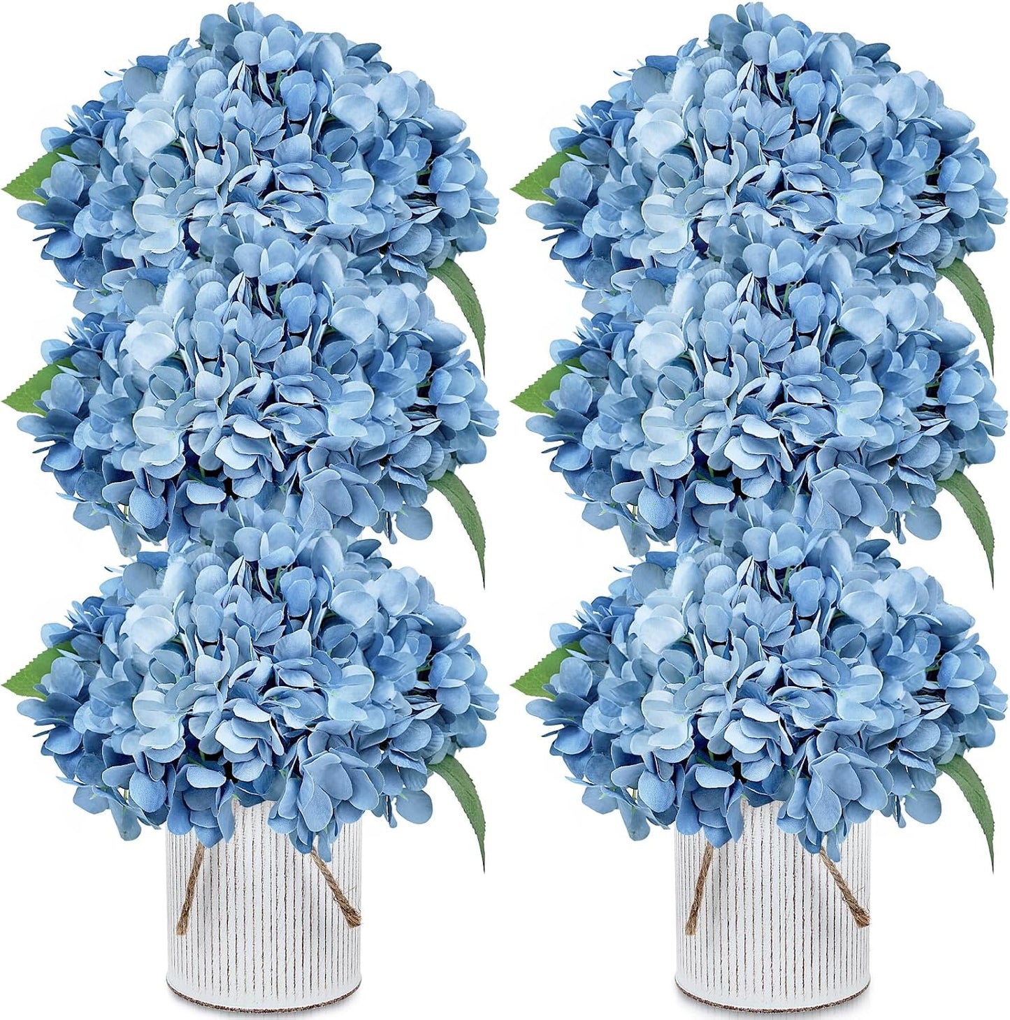 Set of 6 Faux Flower Table Centerpieces - Blue Artificial Hydrangeas Floral Arrangement with Rustic Metal Vase for Anniversary Wedding Tea Party Event Decorations