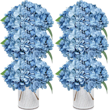 Set of 6 Faux Flower Table Centerpieces - Blue Artificial Hydrangeas Floral Arrangement with Rustic Metal Vase for Anniversary Wedding Tea Party Event Decorations