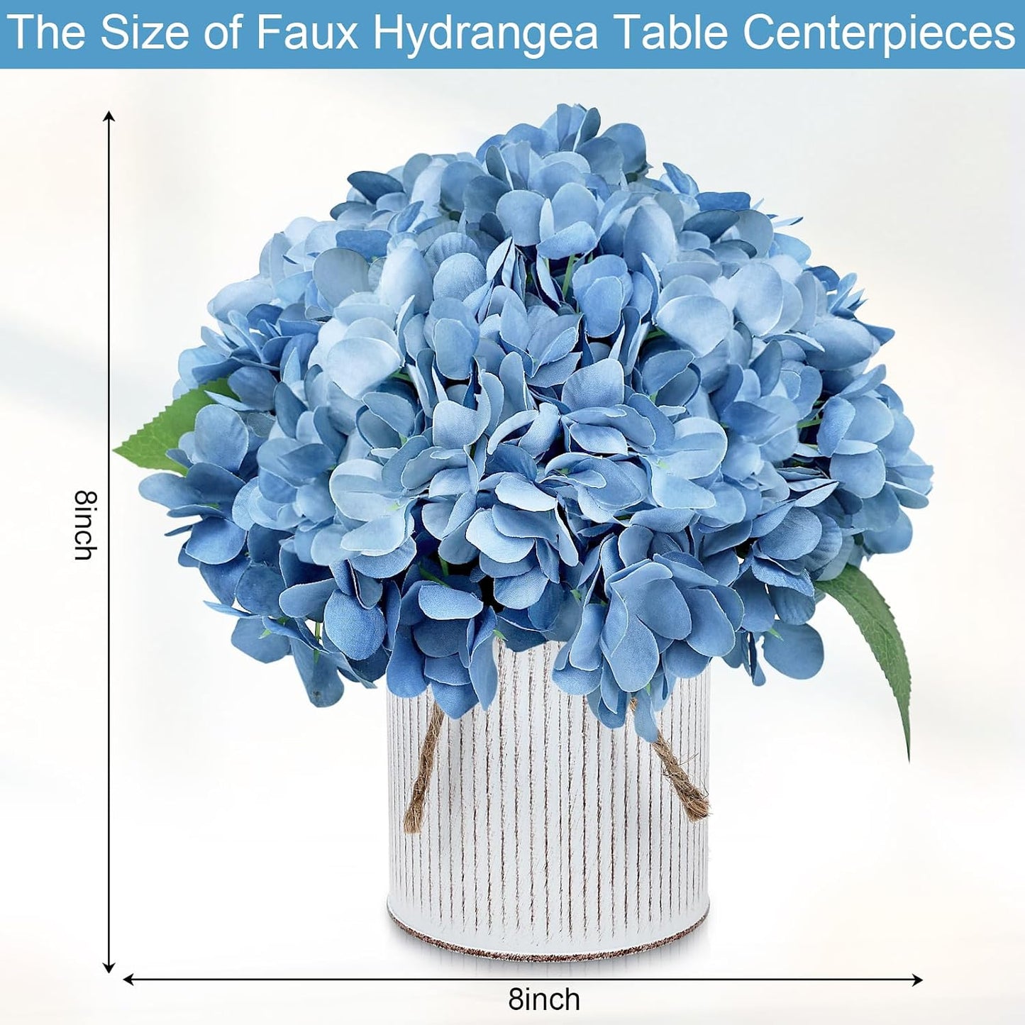 Set of 6 Faux Flower Table Centerpieces - Blue Artificial Hydrangeas Floral Arrangement with Rustic Metal Vase for Anniversary Wedding Tea Party Event Decorations