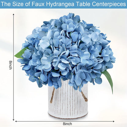 Set of 6 Faux Flower Table Centerpieces - Blue Artificial Hydrangeas Floral Arrangement with Rustic Metal Vase for Anniversary Wedding Tea Party Event Decorations