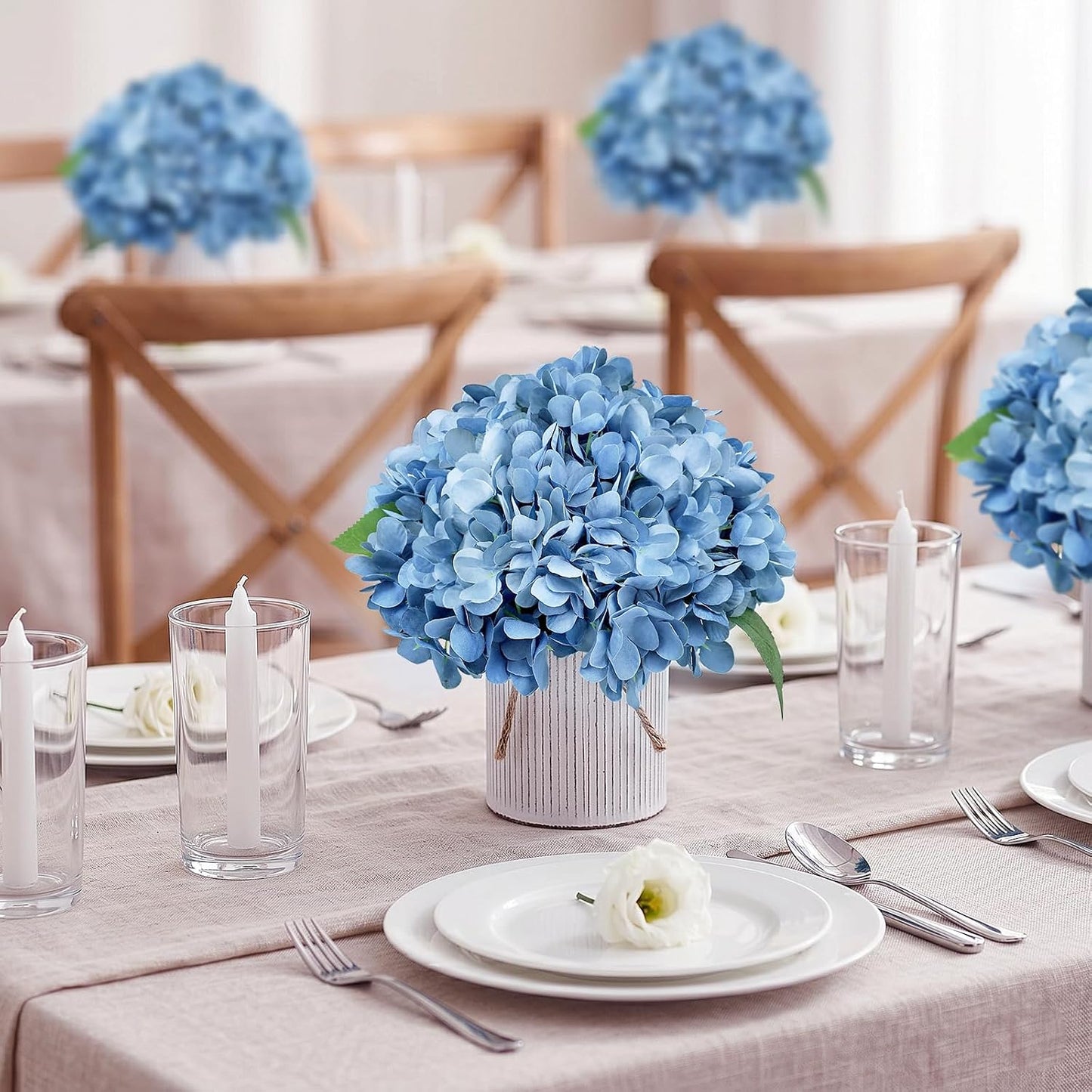 Set of 6 Faux Flower Table Centerpieces - Blue Artificial Hydrangeas Floral Arrangement with Rustic Metal Vase for Anniversary Wedding Tea Party Event Decorations