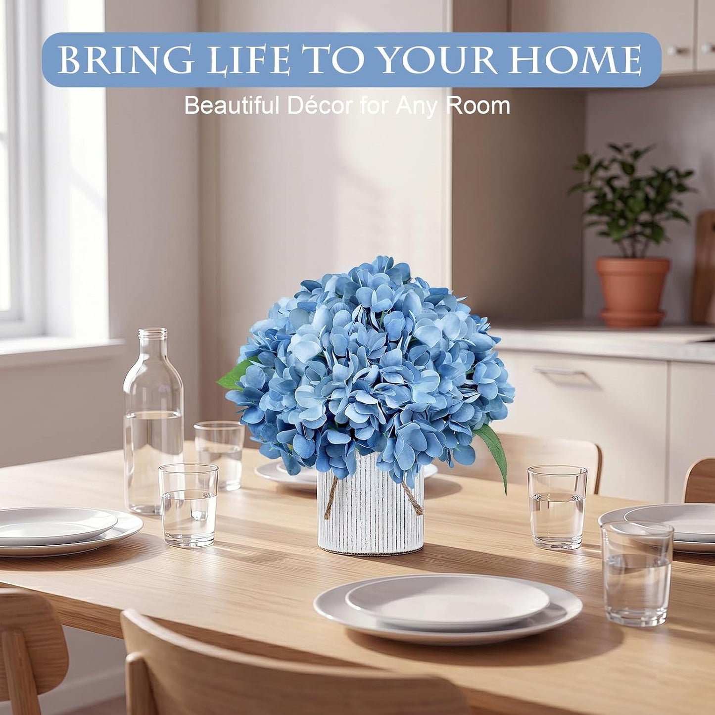 Set of 6 Faux Flower Table Centerpieces - Blue Artificial Hydrangeas Floral Arrangement with Rustic Metal Vase for Anniversary Wedding Tea Party Event Decorations