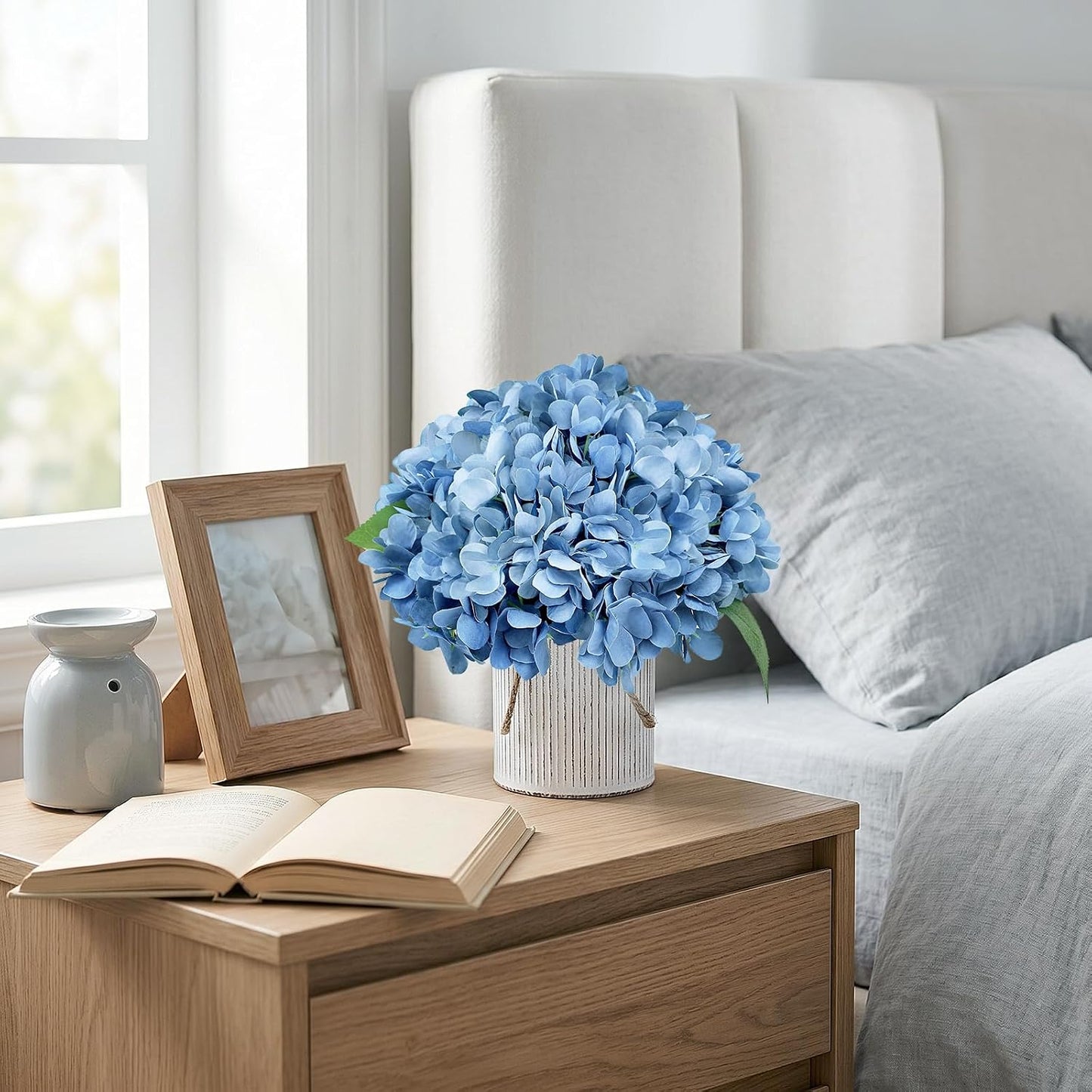 Set of 6 Faux Flower Table Centerpieces - Blue Artificial Hydrangeas Floral Arrangement with Rustic Metal Vase for Anniversary Wedding Tea Party Event Decorations