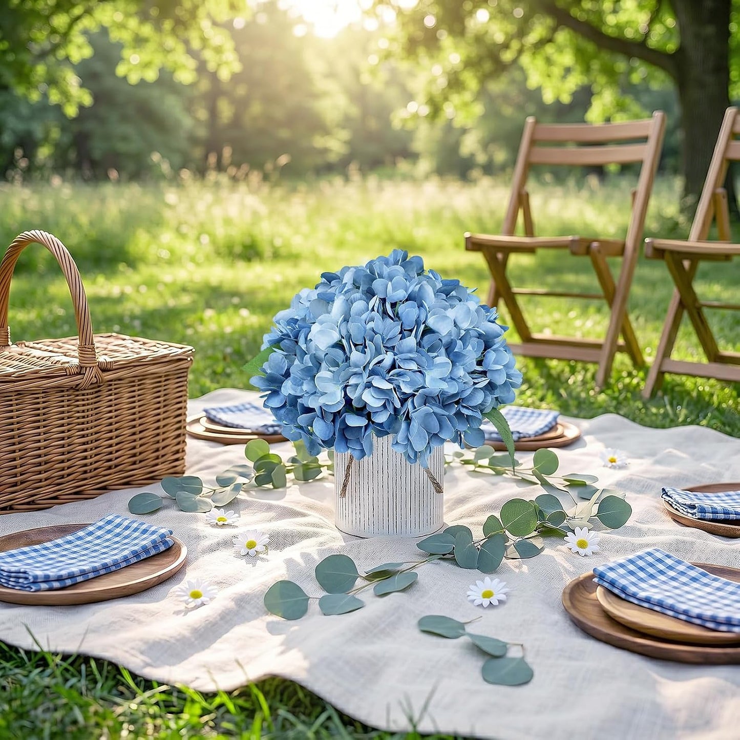 Set of 6 Faux Flower Table Centerpieces - Blue Artificial Hydrangeas Floral Arrangement with Rustic Metal Vase for Anniversary Wedding Tea Party Event Decorations