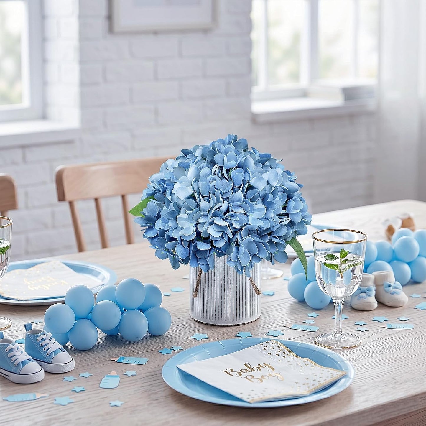 Set of 6 Faux Flower Table Centerpieces - Blue Artificial Hydrangeas Floral Arrangement with Rustic Metal Vase for Anniversary Wedding Tea Party Event Decorations