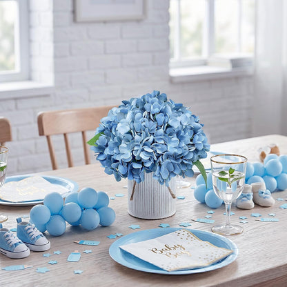 Set of 6 Faux Flower Table Centerpieces - Blue Artificial Hydrangeas Floral Arrangement with Rustic Metal Vase for Anniversary Wedding Tea Party Event Decorations