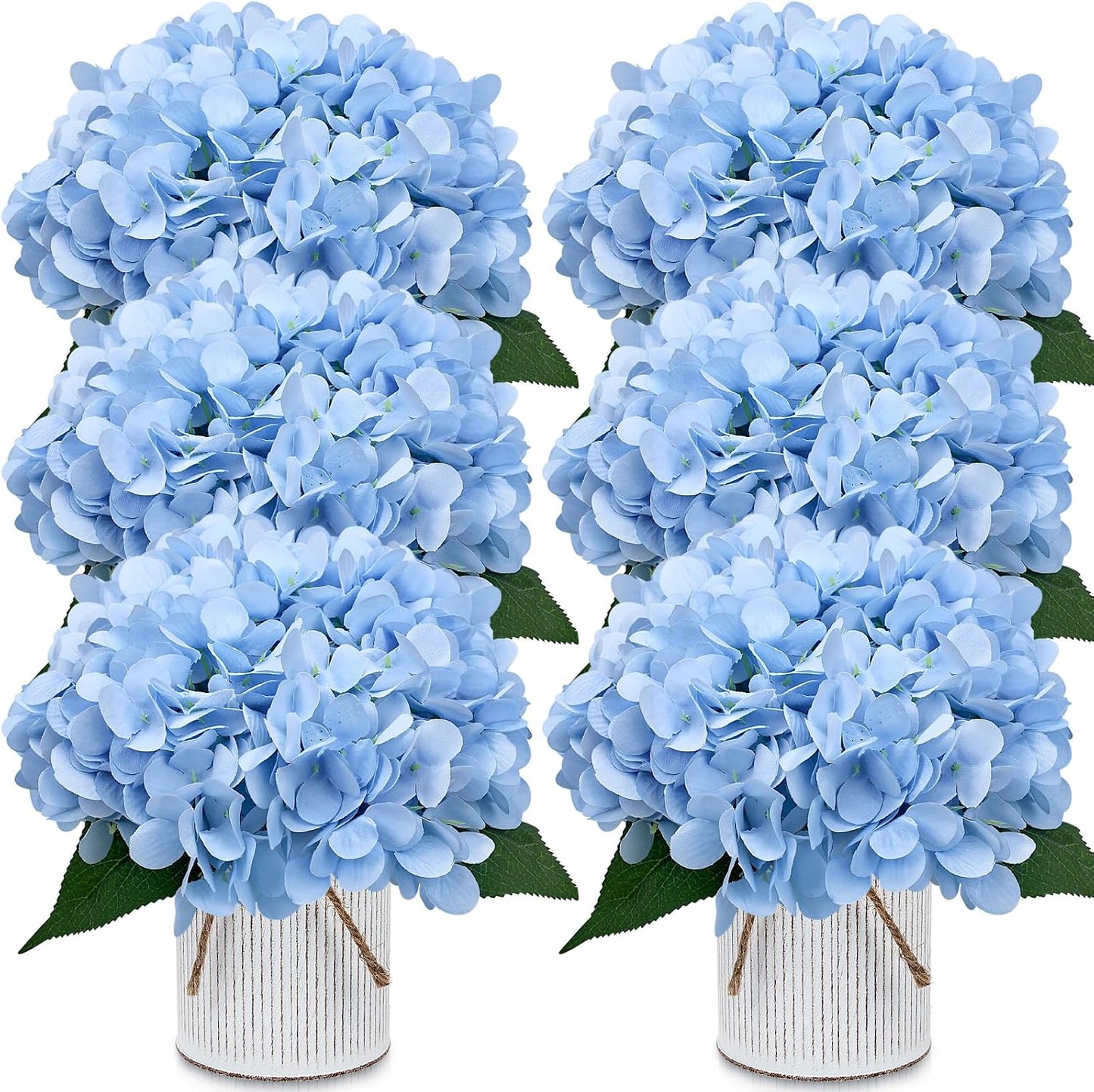 Set of 6 Faux Flower Table Centerpieces - Blue Artificial Hydrangeas Floral Arrangement with Rustic Metal Vase for Anniversary Wedding Tea Party Event Decorations