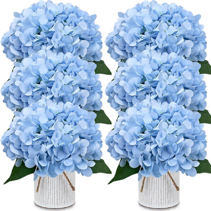 Set of 6 Faux Flower Table Centerpieces - Blue Artificial Hydrangeas Floral Arrangement with Rustic Metal Vase for Anniversary Wedding Tea Party Event Decorations