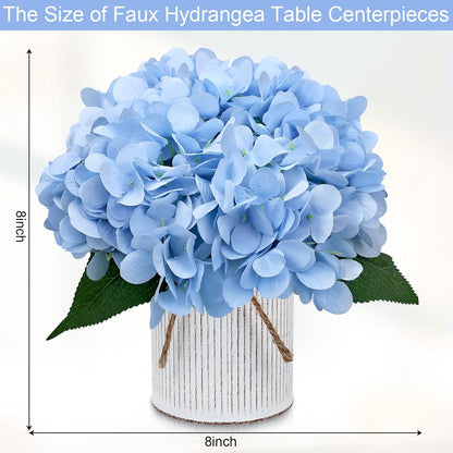 Set of 6 Faux Flower Table Centerpieces - Blue Artificial Hydrangeas Floral Arrangement with Rustic Metal Vase for Anniversary Wedding Tea Party Event Decorations