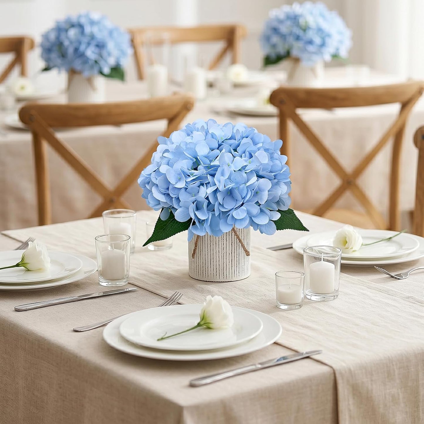 Set of 6 Faux Flower Table Centerpieces - Blue Artificial Hydrangeas Floral Arrangement with Rustic Metal Vase for Anniversary Wedding Tea Party Event Decorations