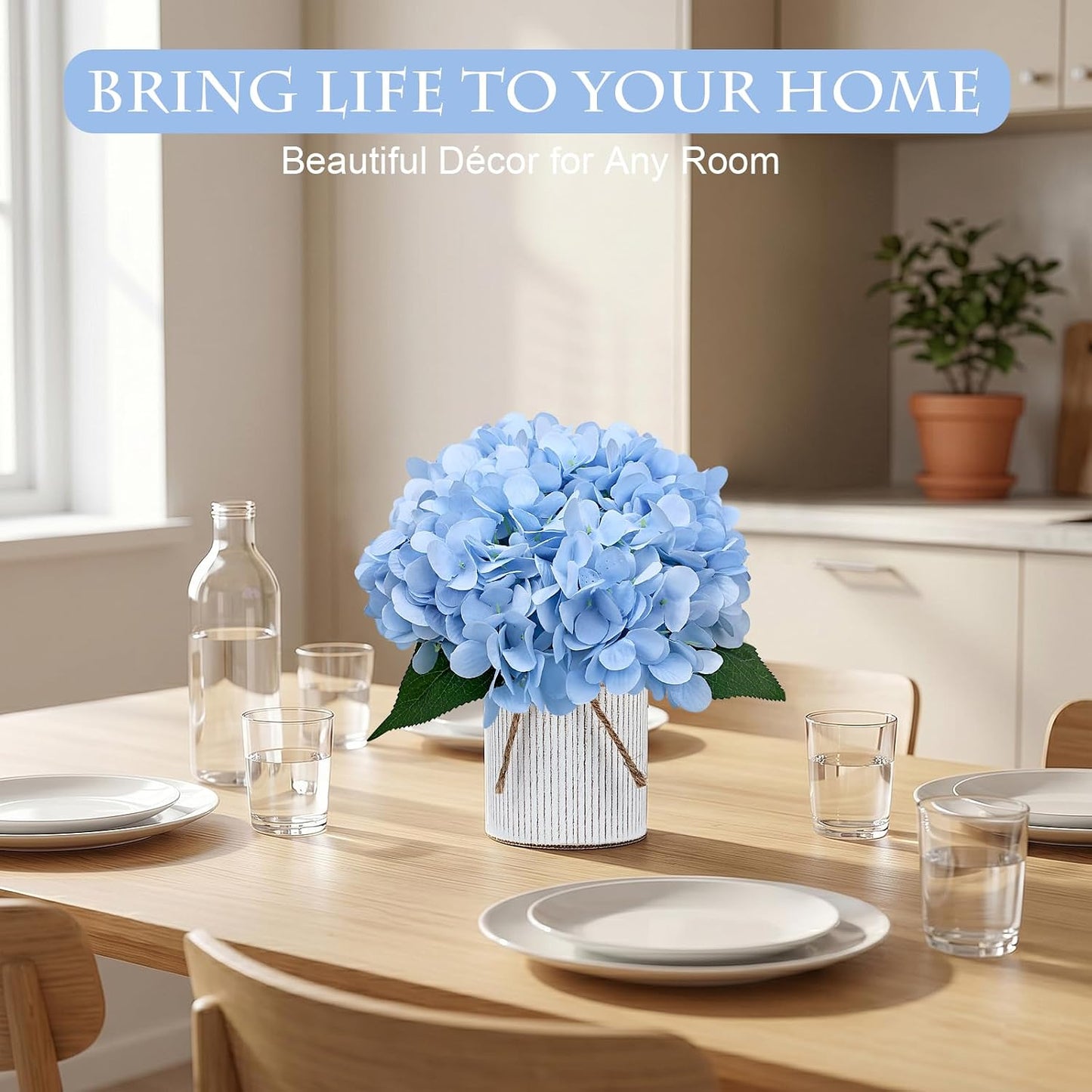 Set of 6 Faux Flower Table Centerpieces - Blue Artificial Hydrangeas Floral Arrangement with Rustic Metal Vase for Anniversary Wedding Tea Party Event Decorations