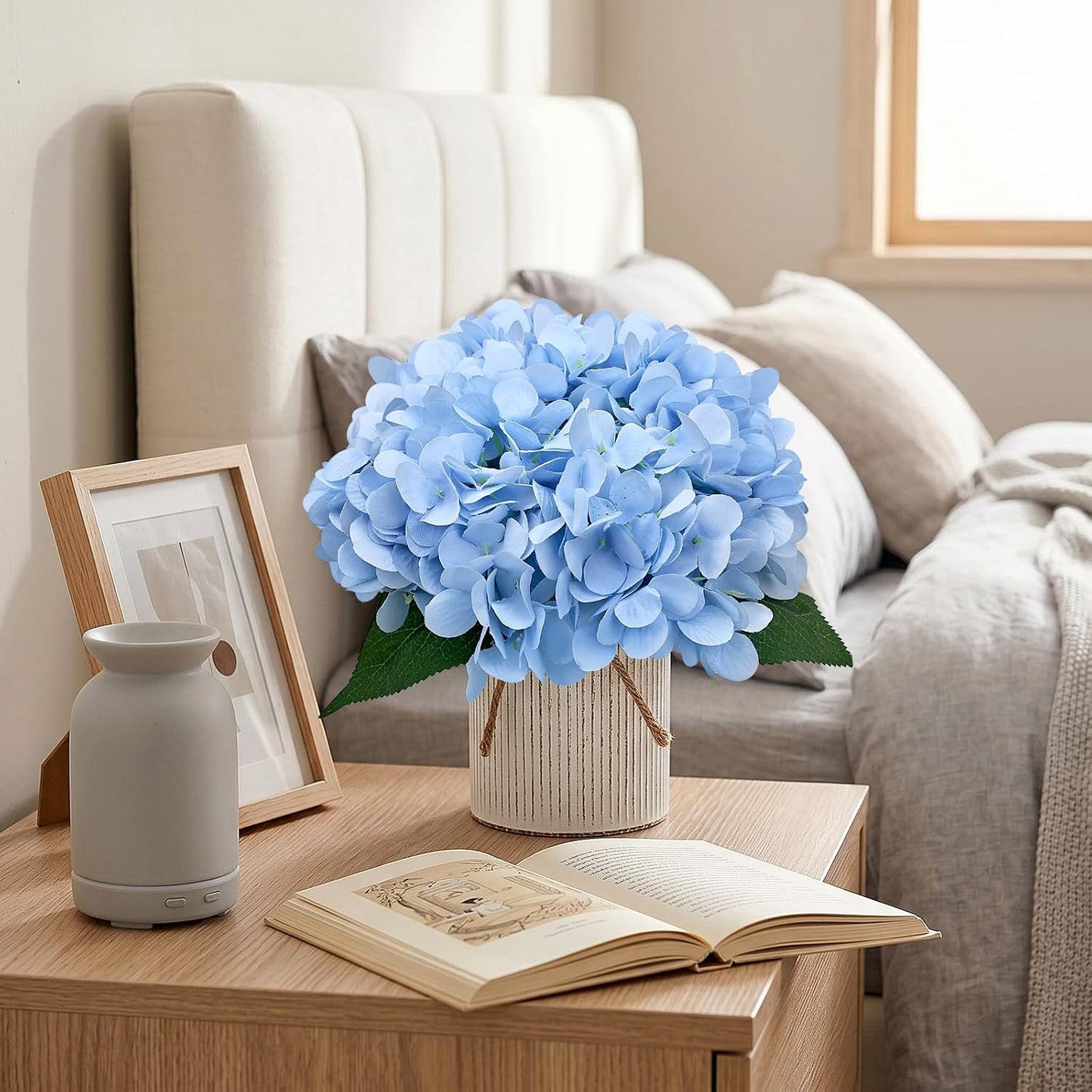 Set of 6 Faux Flower Table Centerpieces - Blue Artificial Hydrangeas Floral Arrangement with Rustic Metal Vase for Anniversary Wedding Tea Party Event Decorations