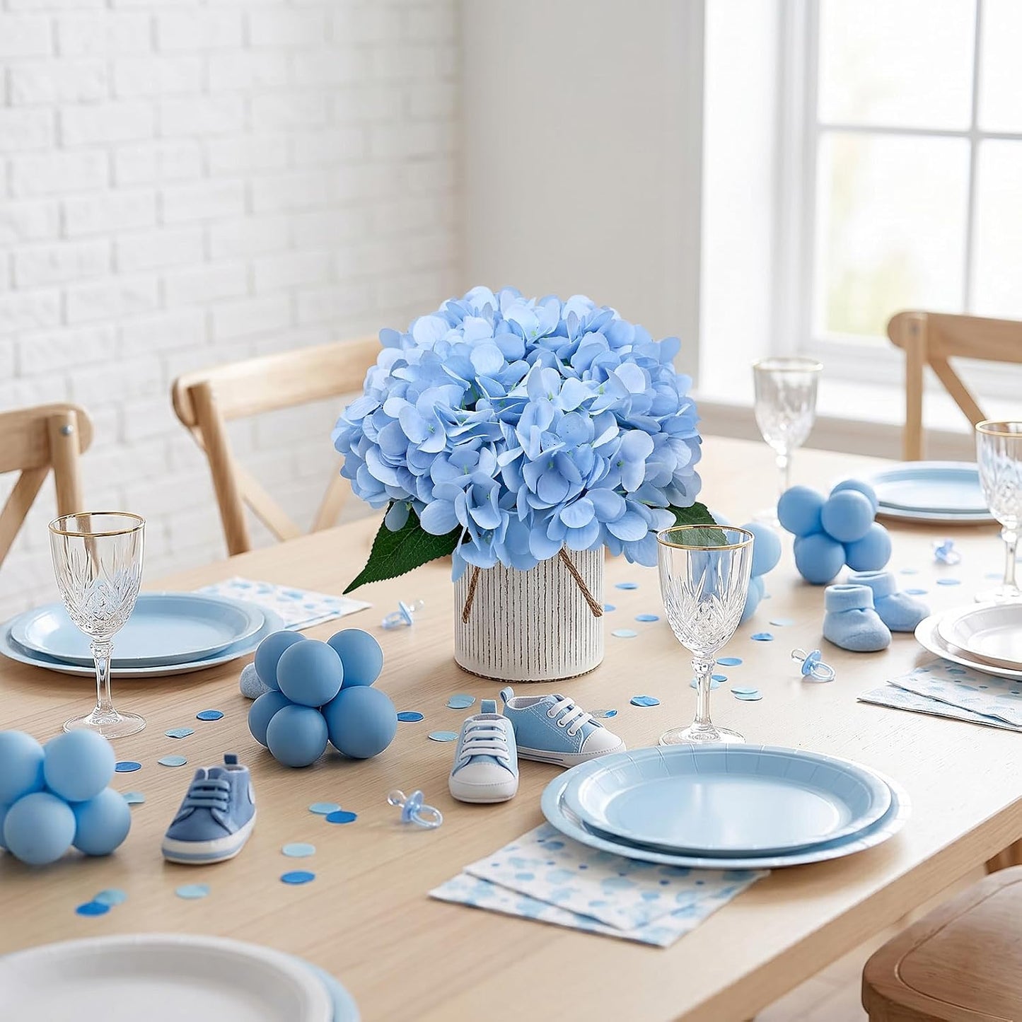 Set of 6 Faux Flower Table Centerpieces - Blue Artificial Hydrangeas Floral Arrangement with Rustic Metal Vase for Anniversary Wedding Tea Party Event Decorations