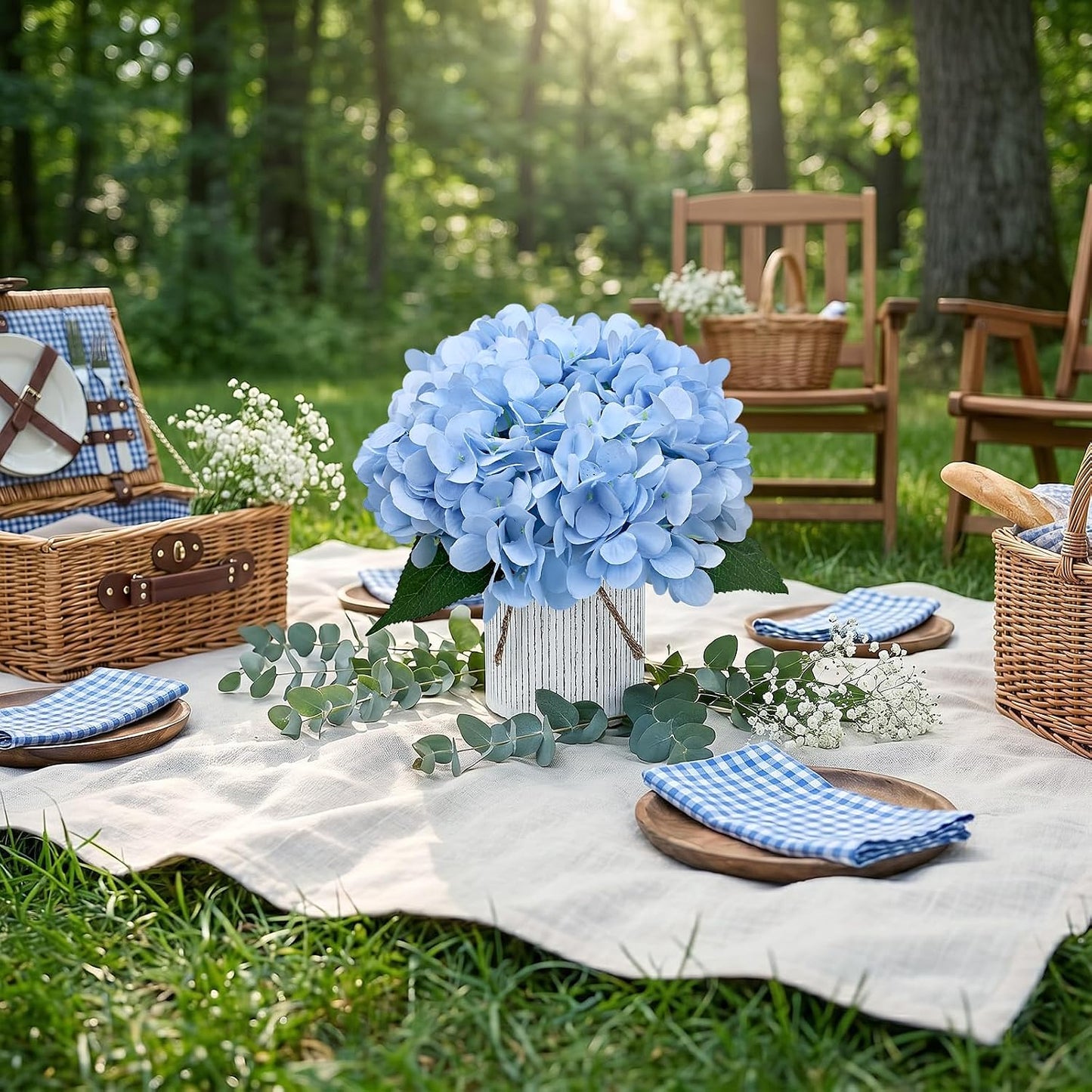 Set of 6 Faux Flower Table Centerpieces - Blue Artificial Hydrangeas Floral Arrangement with Rustic Metal Vase for Anniversary Wedding Tea Party Event Decorations
