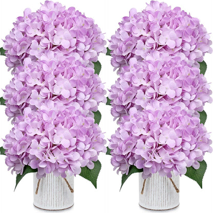 Set of 6 Faux Flower Table Centerpieces - Blue Artificial Hydrangeas Floral Arrangement with Rustic Metal Vase for Anniversary Wedding Tea Party Event Decorations