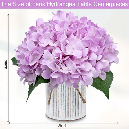 Set of 6 Faux Flower Table Centerpieces - Blue Artificial Hydrangeas Floral Arrangement with Rustic Metal Vase for Anniversary Wedding Tea Party Event Decorations