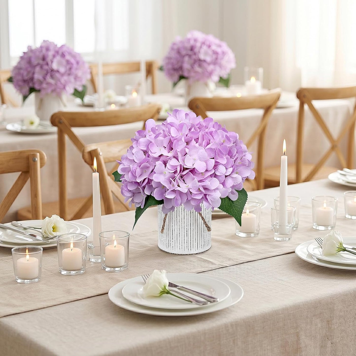 Set of 6 Faux Flower Table Centerpieces - Blue Artificial Hydrangeas Floral Arrangement with Rustic Metal Vase for Anniversary Wedding Tea Party Event Decorations