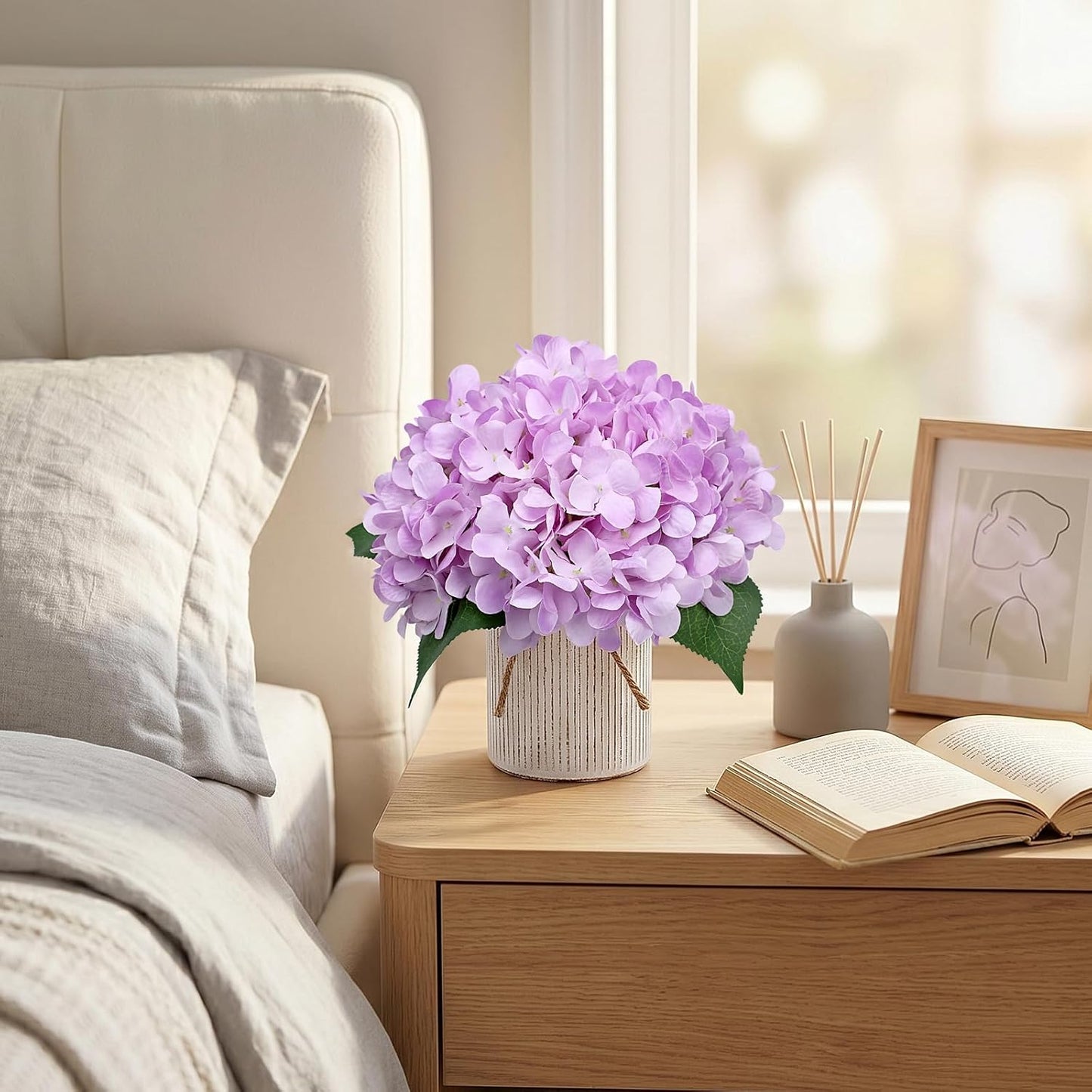 Set of 6 Faux Flower Table Centerpieces - Blue Artificial Hydrangeas Floral Arrangement with Rustic Metal Vase for Anniversary Wedding Tea Party Event Decorations