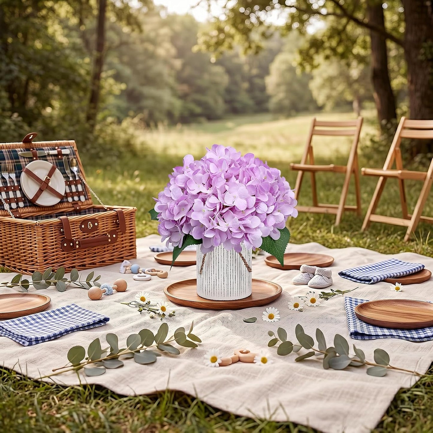 Set of 6 Faux Flower Table Centerpieces - Blue Artificial Hydrangeas Floral Arrangement with Rustic Metal Vase for Anniversary Wedding Tea Party Event Decorations
