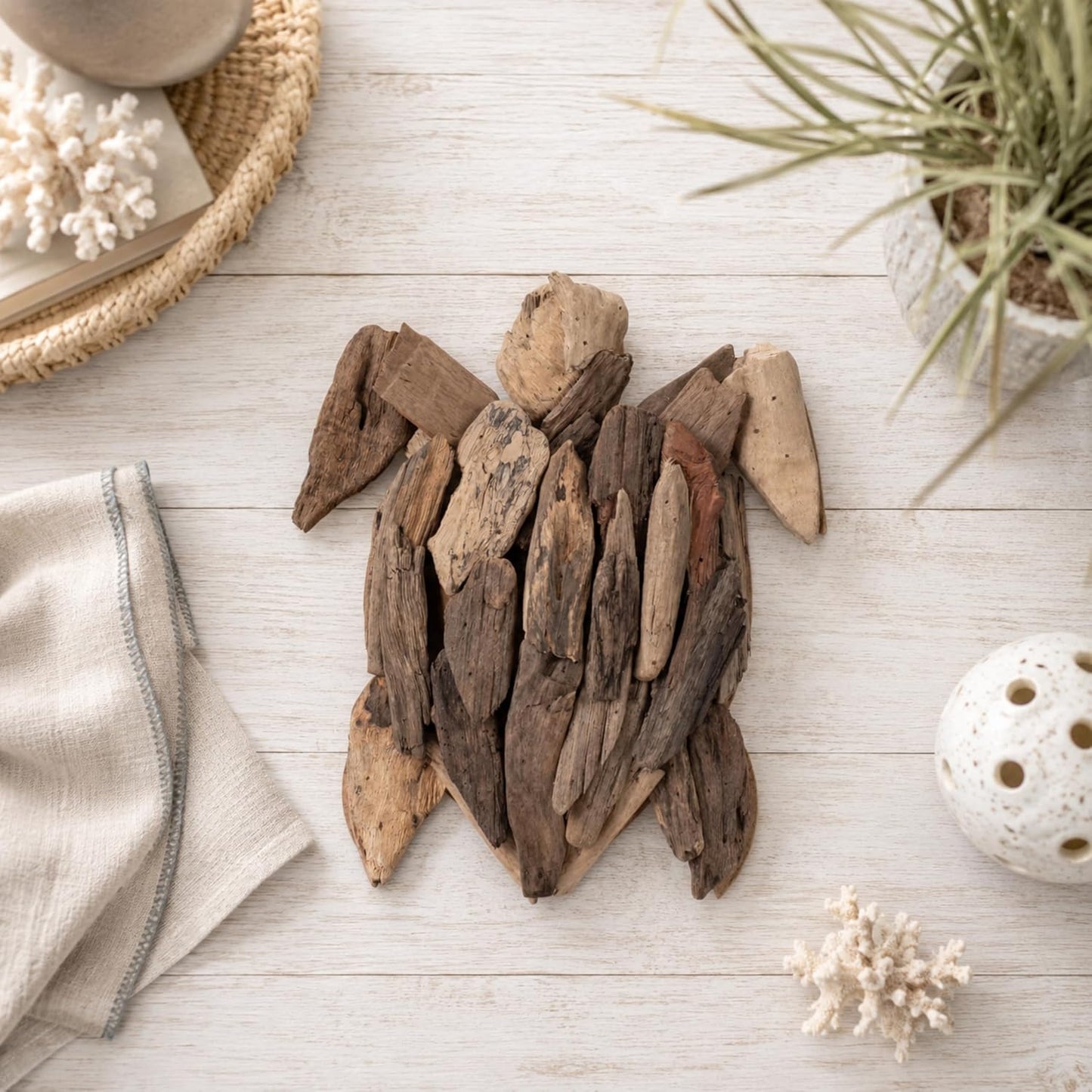 Wooden Driftwood Turtle Sculpture – Relaxed Coastal Room Decor Accent, Living Room or Patio Wall Display, Organic Texture and Artful Home Decor Silhouette – 16"x 22"x 3", Brown