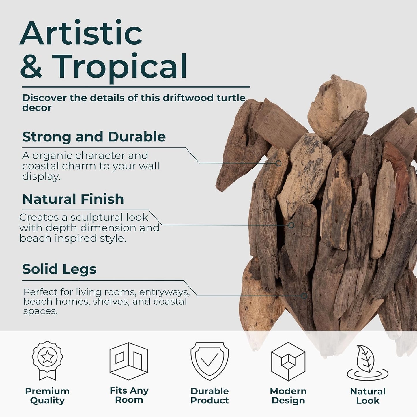 Wooden Driftwood Turtle Sculpture – Relaxed Coastal Room Decor Accent, Living Room or Patio Wall Display, Organic Texture and Artful Home Decor Silhouette – 16"x 22"x 3", Brown