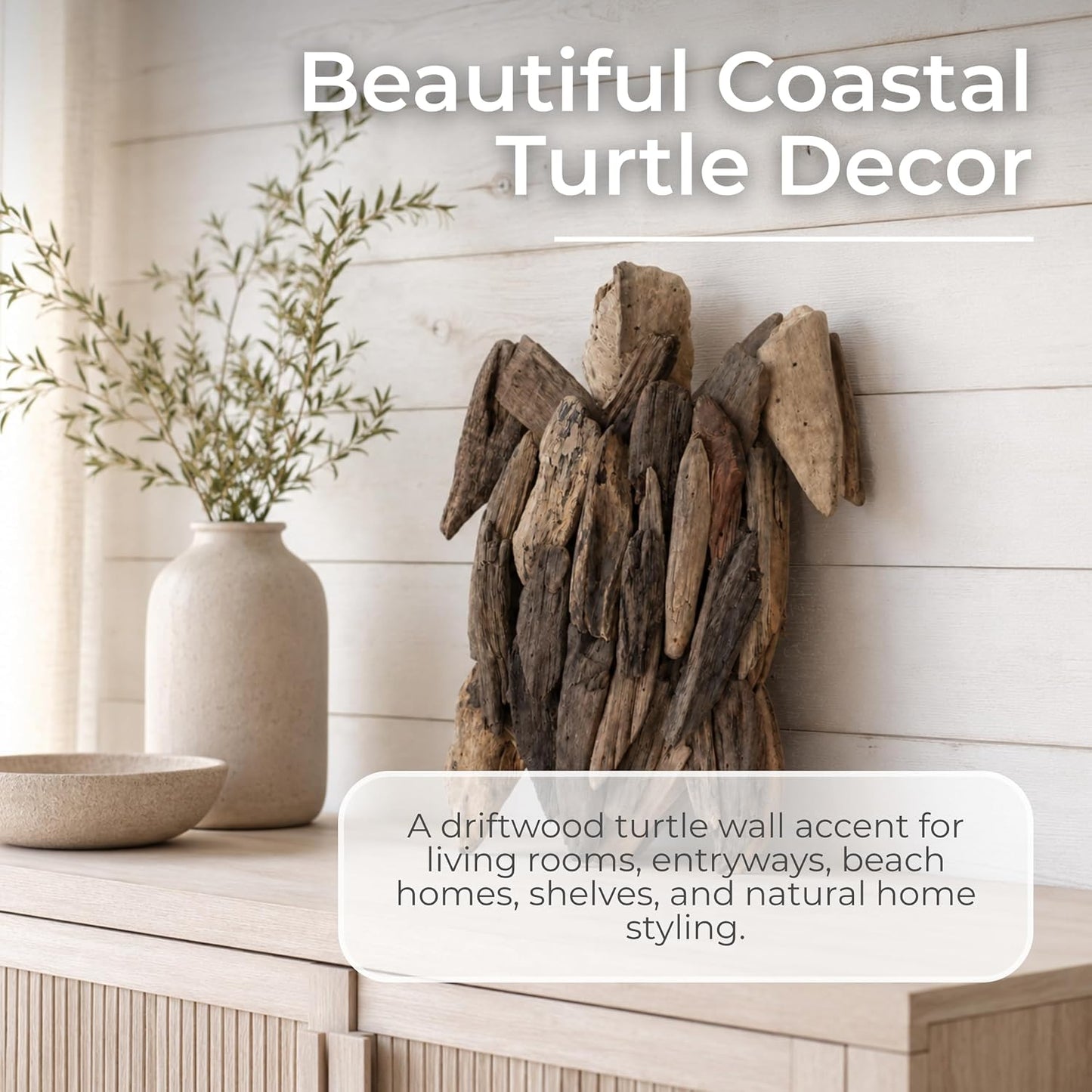 Wooden Driftwood Turtle Sculpture – Relaxed Coastal Room Decor Accent, Living Room or Patio Wall Display, Organic Texture and Artful Home Decor Silhouette – 16"x 22"x 3", Brown