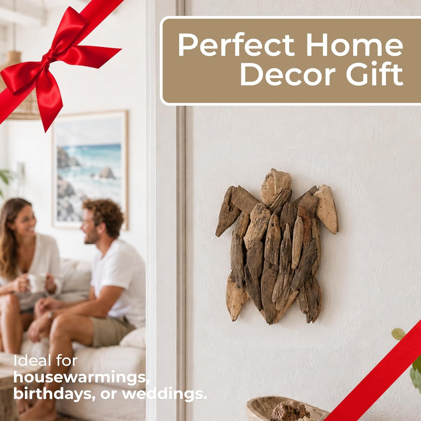 Wooden Driftwood Turtle Sculpture – Relaxed Coastal Room Decor Accent, Living Room or Patio Wall Display, Organic Texture and Artful Home Decor Silhouette – 16"x 22"x 3", Brown
