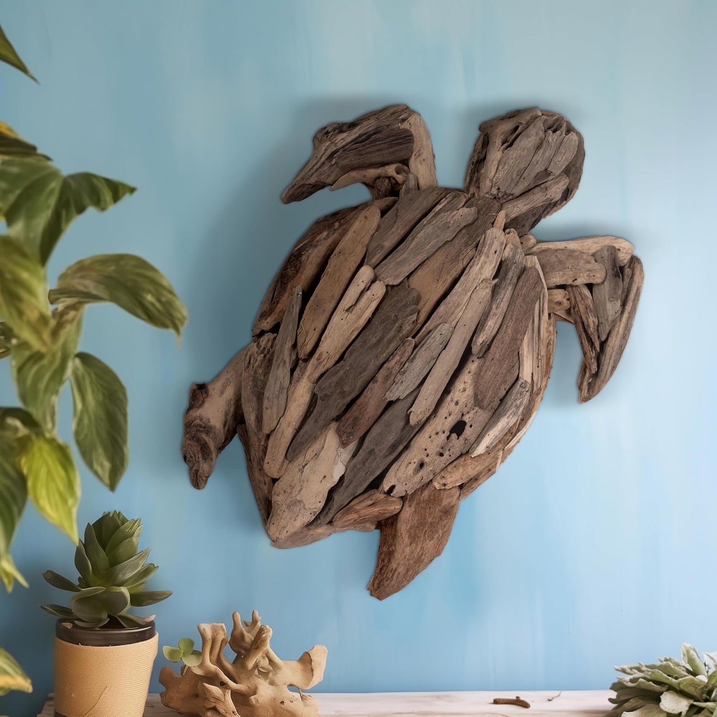 Wooden Driftwood Turtle Sculpture – Relaxed Coastal Room Decor Accent, Living Room or Patio Wall Display, Organic Texture and Artful Home Decor Silhouette – 16"x 22"x 3", Brown
