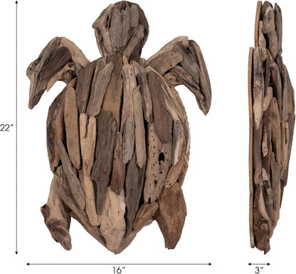 Wooden Driftwood Turtle Sculpture – Relaxed Coastal Room Decor Accent, Living Room or Patio Wall Display, Organic Texture and Artful Home Decor Silhouette – 16"x 22"x 3", Brown
