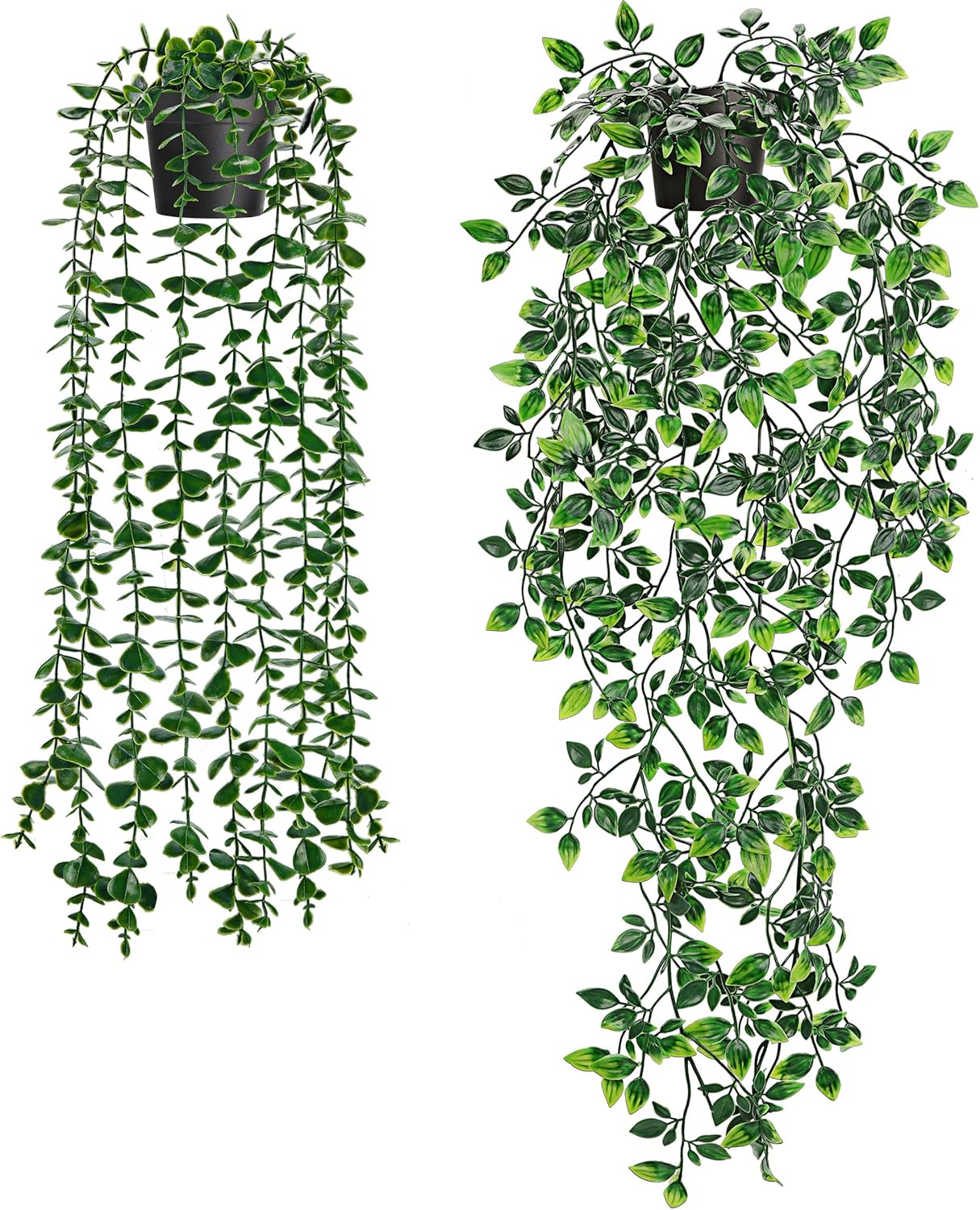 2Pcs Fake Hanging Plants Artificial in White Pots for Office Decor | Artificial hanging plants in two distinct styles add layered texture to bathroom shelf, bookshelf and balcony decor displays