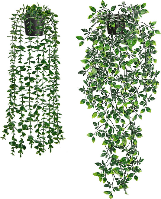2Pcs Fake Hanging Plants Artificial in White Pots for Office Decor | Artificial hanging plants in two distinct styles add layered texture to bathroom shelf, bookshelf and balcony decor displays