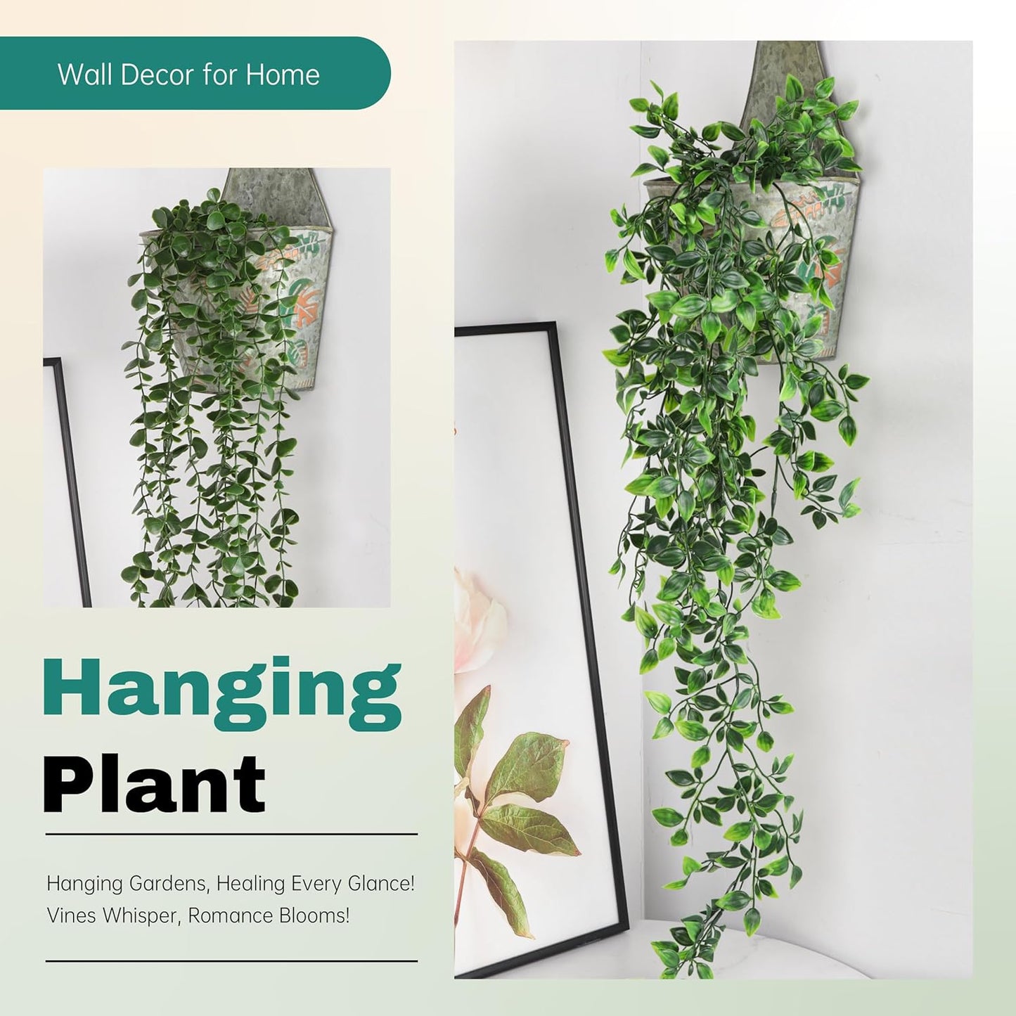 2Pcs Fake Hanging Plants Artificial in White Pots for Office Decor | Artificial hanging plants in two distinct styles add layered texture to bathroom shelf, bookshelf and balcony decor displays