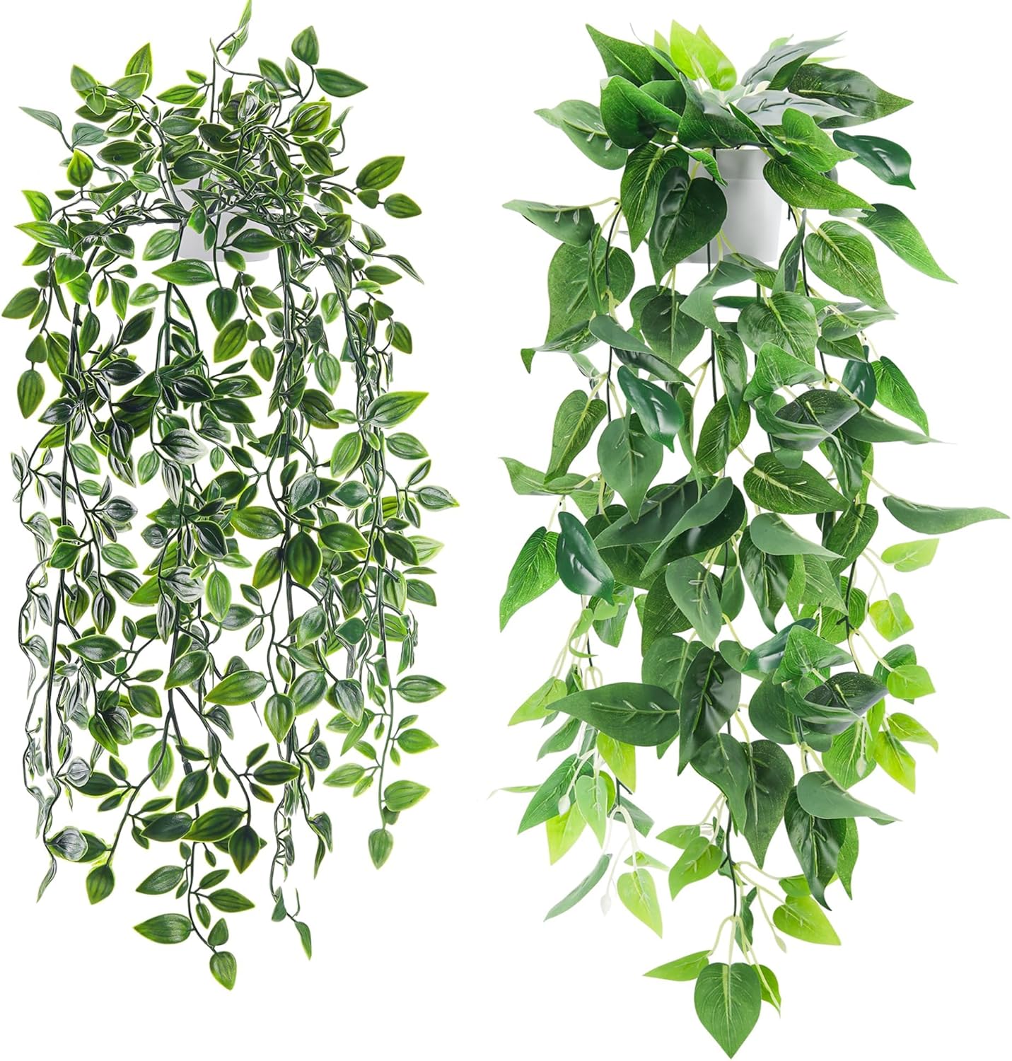 2Pcs Fake Hanging Plants Artificial in White Pots for Office Decor | Artificial hanging plants in two distinct styles add layered texture to bathroom shelf, bookshelf and balcony decor displays