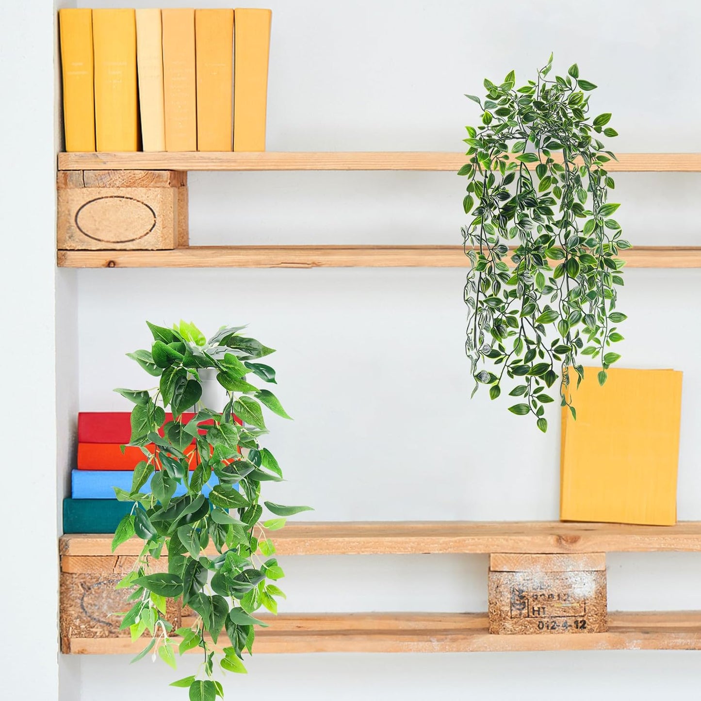 2Pcs Fake Hanging Plants Artificial in White Pots for Office Decor | Artificial hanging plants in two distinct styles add layered texture to bathroom shelf, bookshelf and balcony decor displays