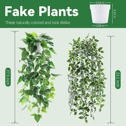 2Pcs Fake Hanging Plants Artificial in White Pots for Office Decor | Artificial hanging plants in two distinct styles add layered texture to bathroom shelf, bookshelf and balcony decor displays